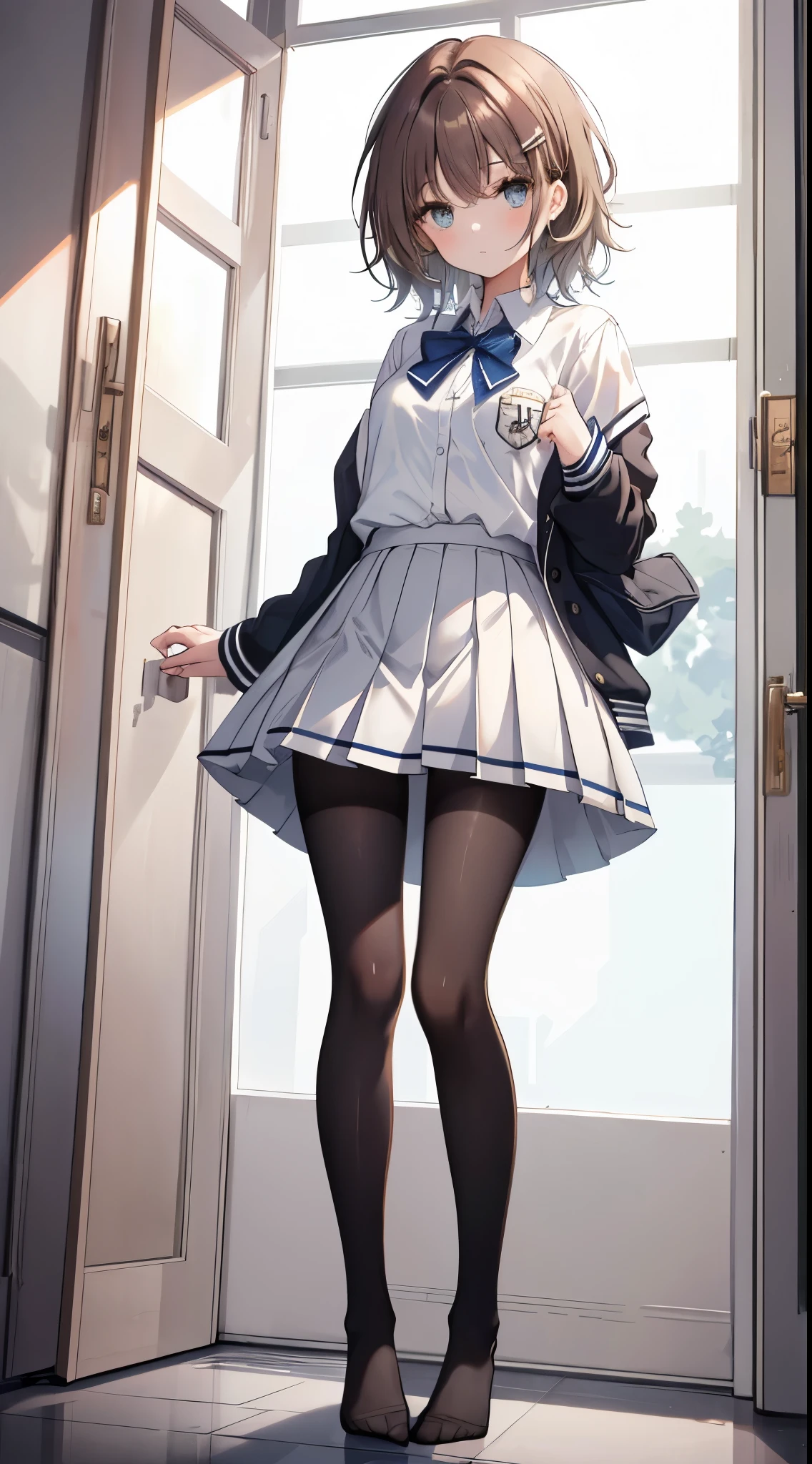 finest, masterpiece, High resolution, (full body), front, symmetrical, Mature tall high school girl, alone, (full body from head to toe), small breasts, long hair, slightly messy hair, (black tight track pantyhose), black pantyhose, composition showing white panties, slender beautiful legs, A very beautiful and tall girl, ((not wearing shoes)) , shy big eyes, (short (brown hair)), (bangs), messy hair, (hair clip), looking at camera, showing white panties, white ruffle lingerie, high school uniform blazer, high school uniform white blouse, High school uniform with blue ribbon, high school uniform with short plaid pattern and navy pleated skirt
