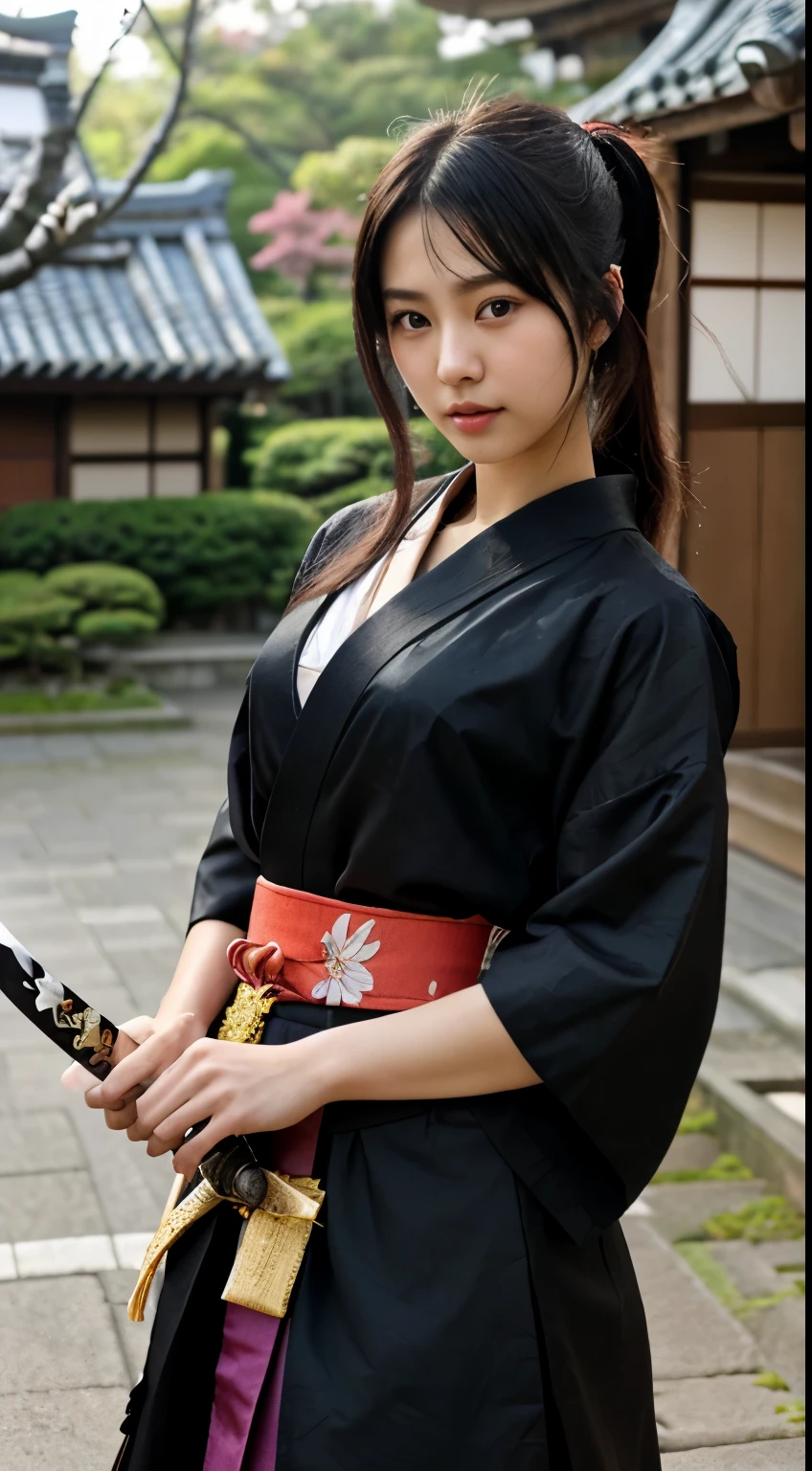 NSFW、最high quality、high quality、best image quality、8k、最High resolution、High resolution、最high quality、masterpiece、RAW photo、realistic atmosphere、(detailed face)、(fine hands、thumb１reference４)、(beauty of japan )、very nice face、cute face、((beautiful japanese girl))、(japanese woman), ((18 year old beautiful girl))、(glossy black hair)、(straight long hair)、(ponytail)、whole body、slim style、(shiny skin)、(Fair skin, Glossy skin)、real human skin、realistic human body structure、perfect body， perfect face， perfect hands， perfect fingers， perfect lips， perfect eyes，perfect teeth、perfect background， perfect atmosphere， natural soft light、photon mapping、japanese samurai、japanese samurai、Japanese swordsman、((Japanese swordを手に持つ日本の女武士))、(girl wearing japanese samurai costume)、warrior girl、Japanese sword、japanese traditional、((Japanese sword(gently curved long sword))、Inspired by Miyamoto Musashi、Inspired by Oda Nobunaga、Inspired by Sengoku warlords、((鋭いJapanese swordを手に持つ女の子))、((Random color with floral pattern(samurai kimono、Hakama with slit))、A dynamic stance that reflects the swordsmanship cultivated as a samurai.、upper stance、stance of unsheathing、Attitude without presence