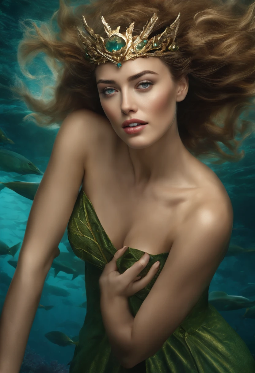 (AMBER HEARD COMO MERA REINA DE ATLANTIS) (Obra maestra), (mejor calidad), (fotorrealista:1.3), 8K, textura de piel detallada, Textura detallada de la tela, hermoso rostro detallado, detalles intrincados, Crudo, Obra maestra, Foto ultra fina, mejor calidad, ultra high resolution, fotorrealista, luz de sol, retrato de cuerpo completo, Deslumbrantemente bella, Dynamic poses, cara delicada, ojos vibrantes, (vista lateral) (cuerpo de cuerpo entero:1.2) ella esta usando una armadura con escamas verde con azul, piel realista muy detallada, piel blanca, at the bottom of the ocean among marine fauna