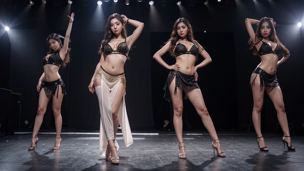 kpop dancer & belly dancer posing on stage face to face, full body, no sexy outfit