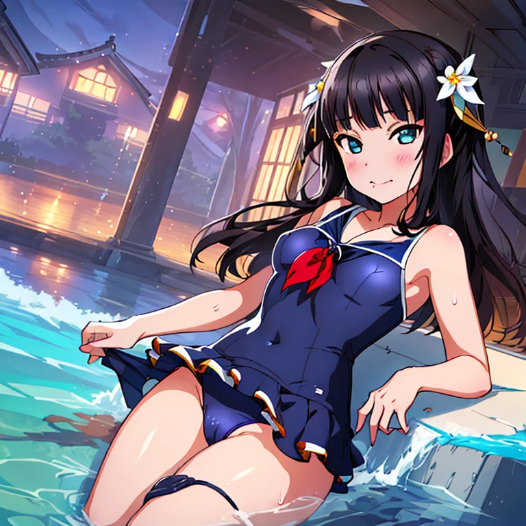 best quality, very aesthetic, Super detailed, best illustration, navy blue swimsuit, Japan Student Swimsuit, black_hair, プールサイド, ワンピースの水着