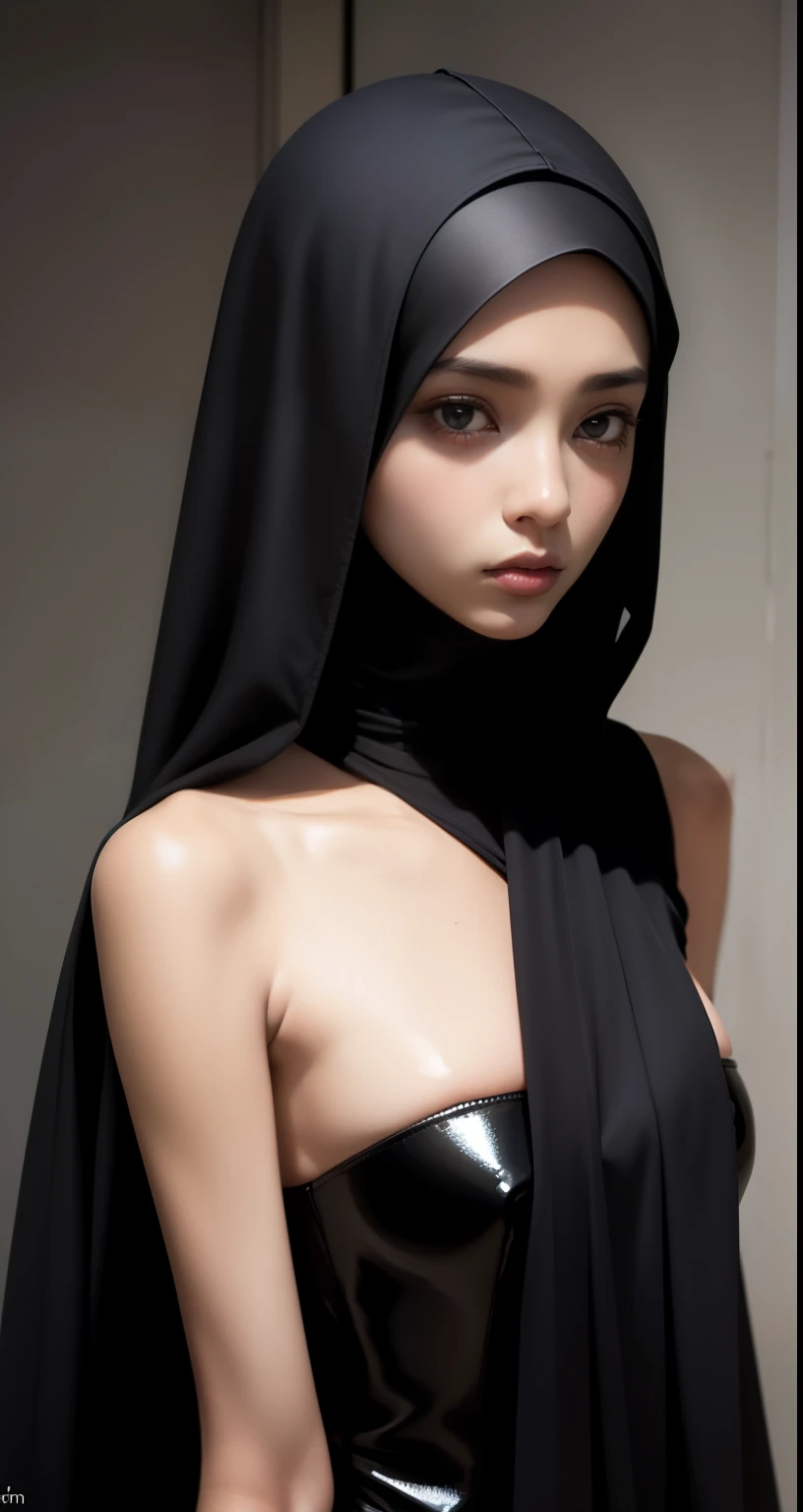 (HIJAB), Skinny black satin hijab girl naked (DARk SHINY SKIN), SADNESS 