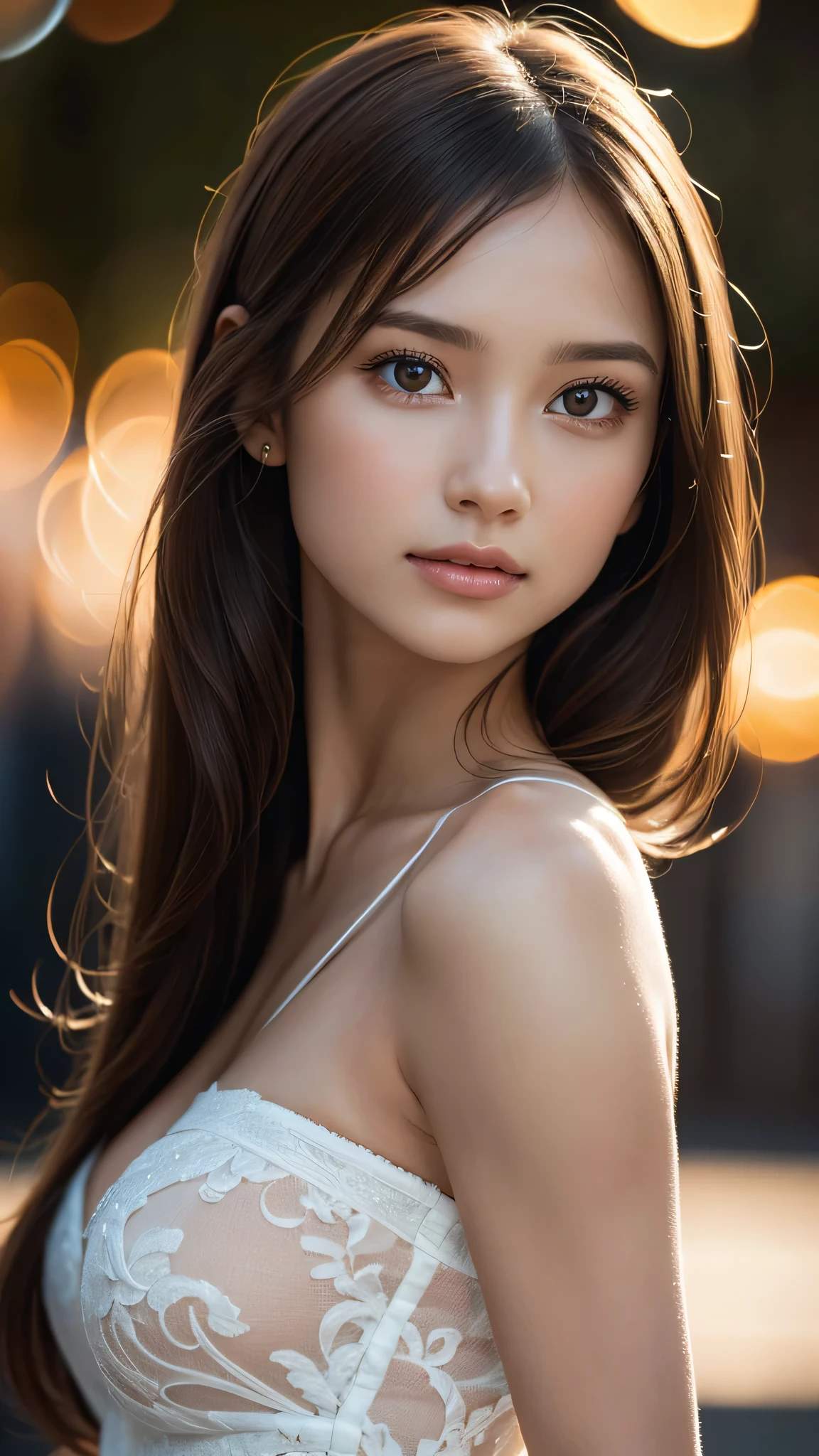 High quality, 8k ultra hd, Realistic portrait of a charming woman, The woman acted in a moonlight scene., Her features bathe in soft, The diffuse light highlighted the subtle nuances of her expression.. Pose from different angles, Capture every delicate contour of her face., intricate skin details ,The complexity of her gaze, and hair that is stacked together, In this mysterious atmosphere, The artist uses da Vinci's mastery of shadow and light., Create a charming collaboration that emphasizes the mysterious aura surrounding a woman., Shadows danced across her features., It adds depth to her gaze and adds a touch of mystery to the composition., by yukisakura, Highly detailed,Symmetrical shape,full body,Pose Seduction,The fingers are beautiful and proportionate....,bright colors,Bokeh