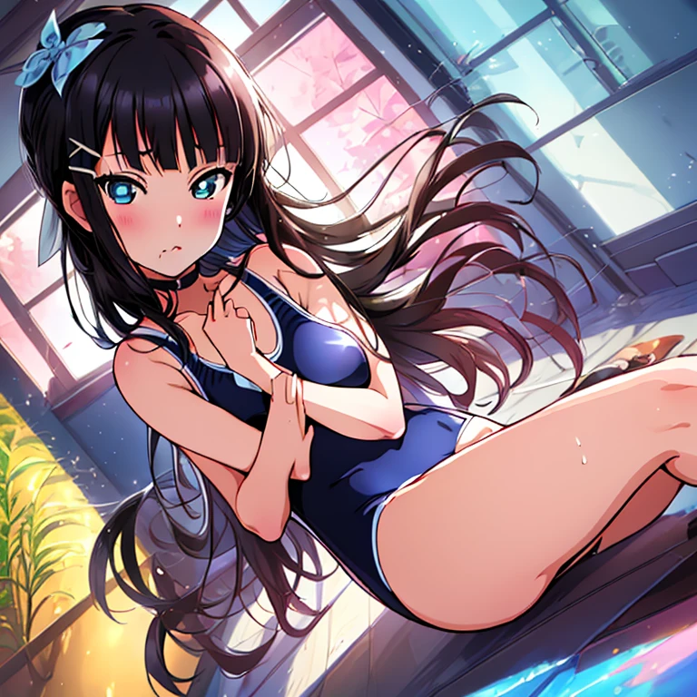 best quality, very aesthetic, Super detailed, best illustration, Dark blue one piece school swimsuit, black_hair, プールサイド
