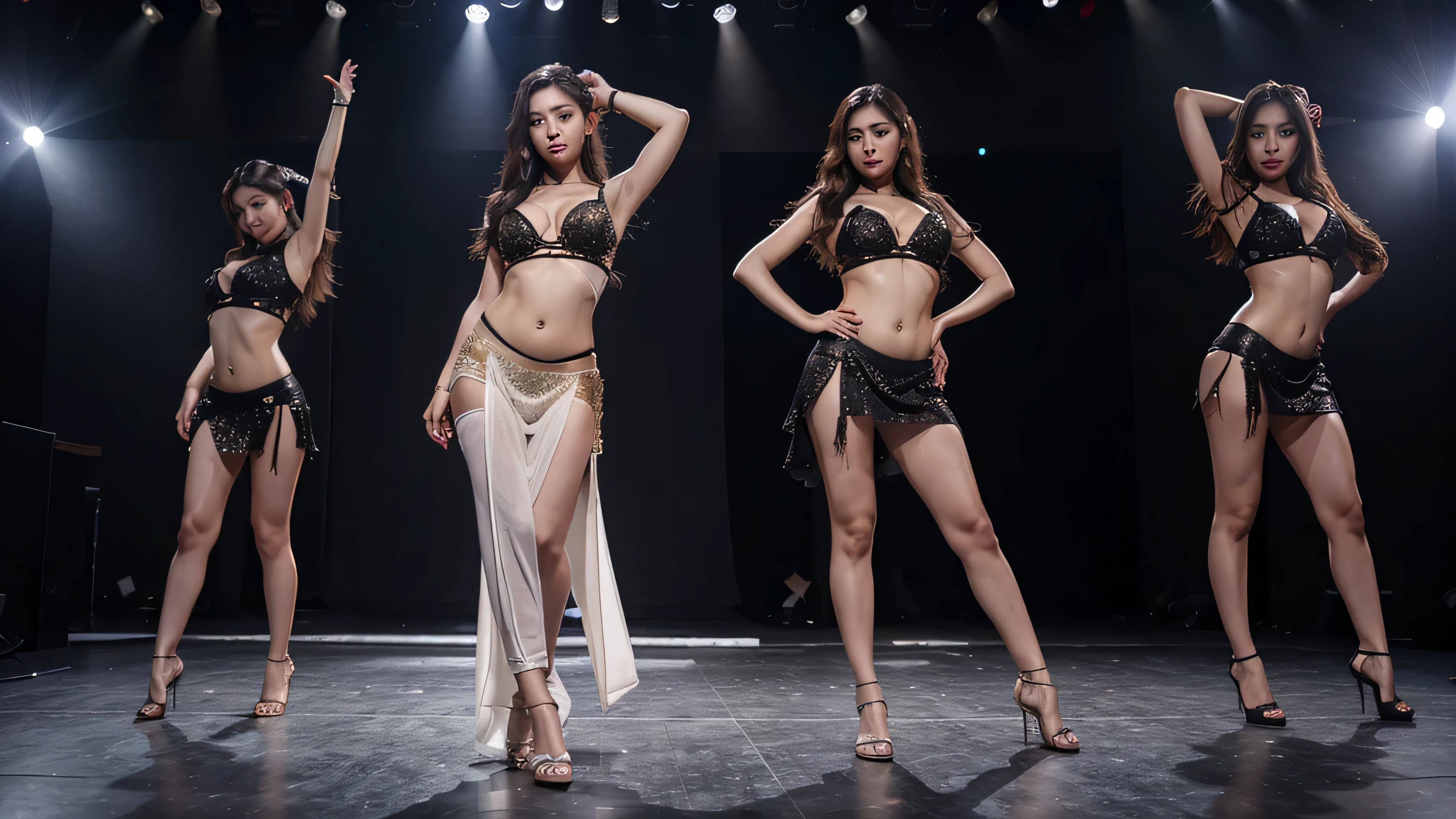 kpop dancer & belly dancer posing on stage face to face, full body, no sexy outfit