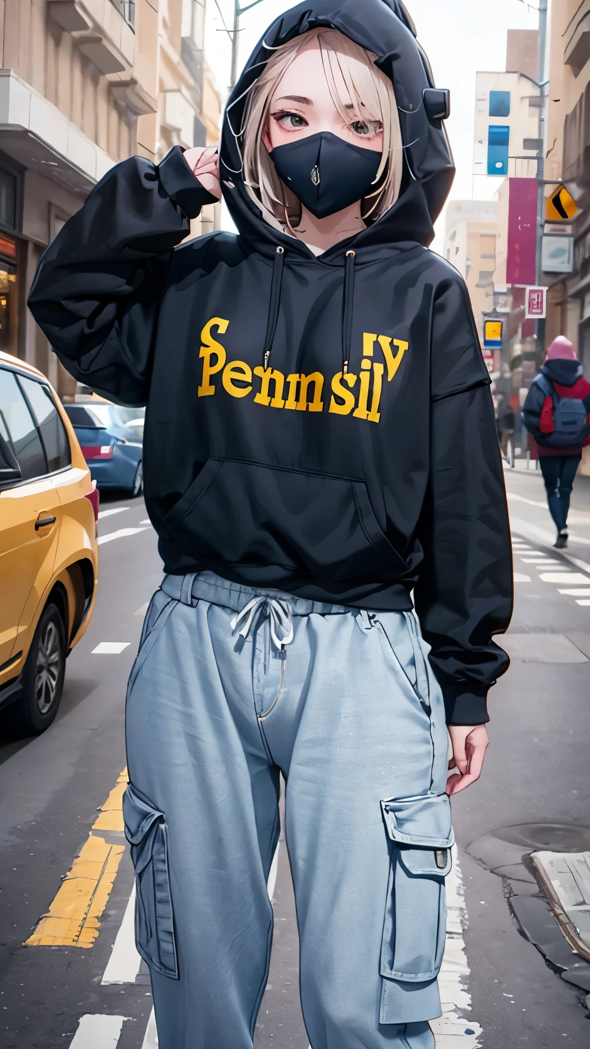 Teen, Young, blond hair, street wear, super big olive color oversized hoodie( with hood on her head), covered face, cargo pants on, see the small tits, perky pink nipples, hot body, see full body