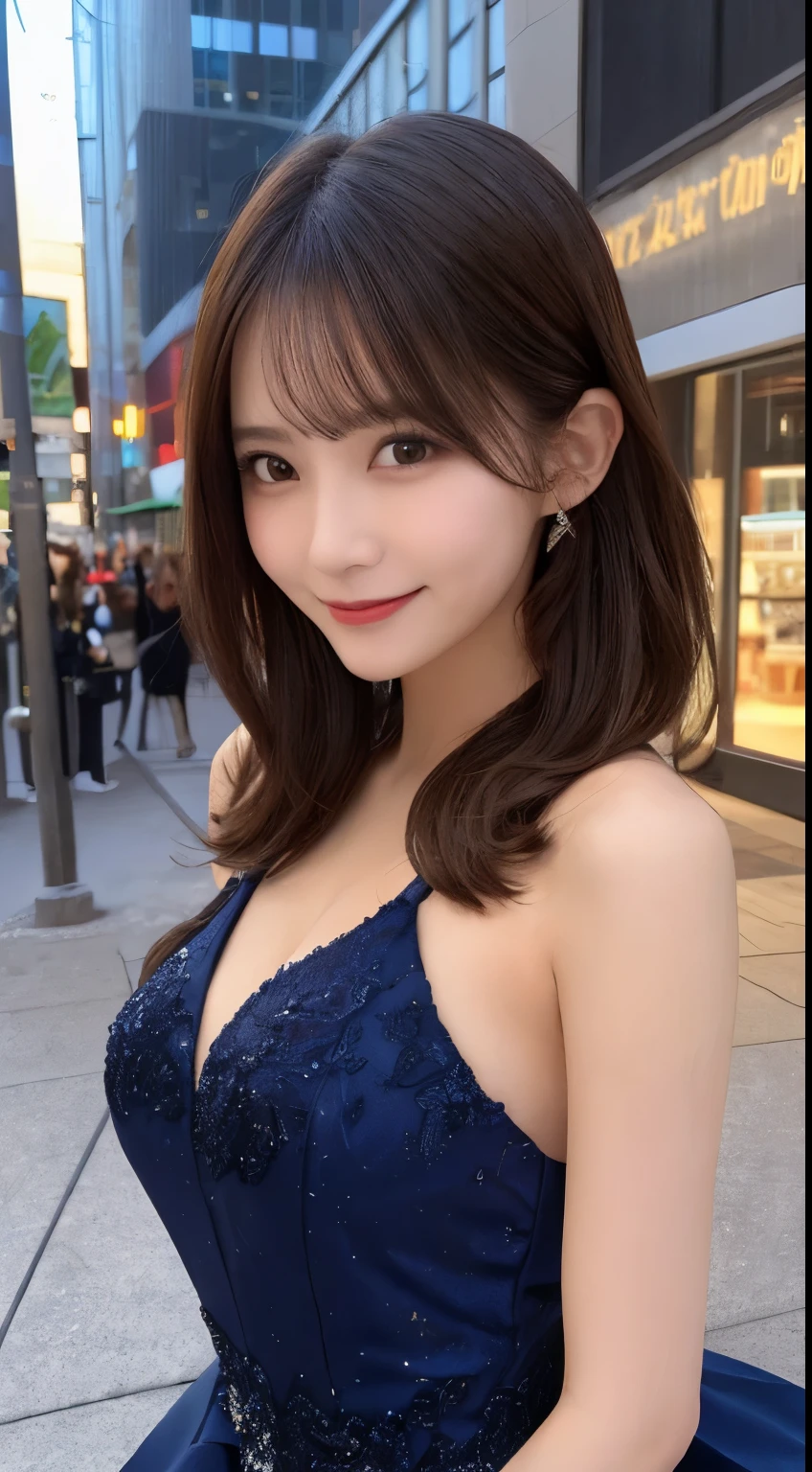 masutepiece, Best Quality, Illustration, Ultra-detailed, finely detail, hight resolution, 8K Wallpaper, Perfect dynamic composition, Beautiful detailed eyes, Winter dress,Medium Hair, Small breasts, Natural Color Lip, Random and sexy poses,Smile,Big city、20 years girl、Midnight、beautifull detailed face、Perfect and beautiful face