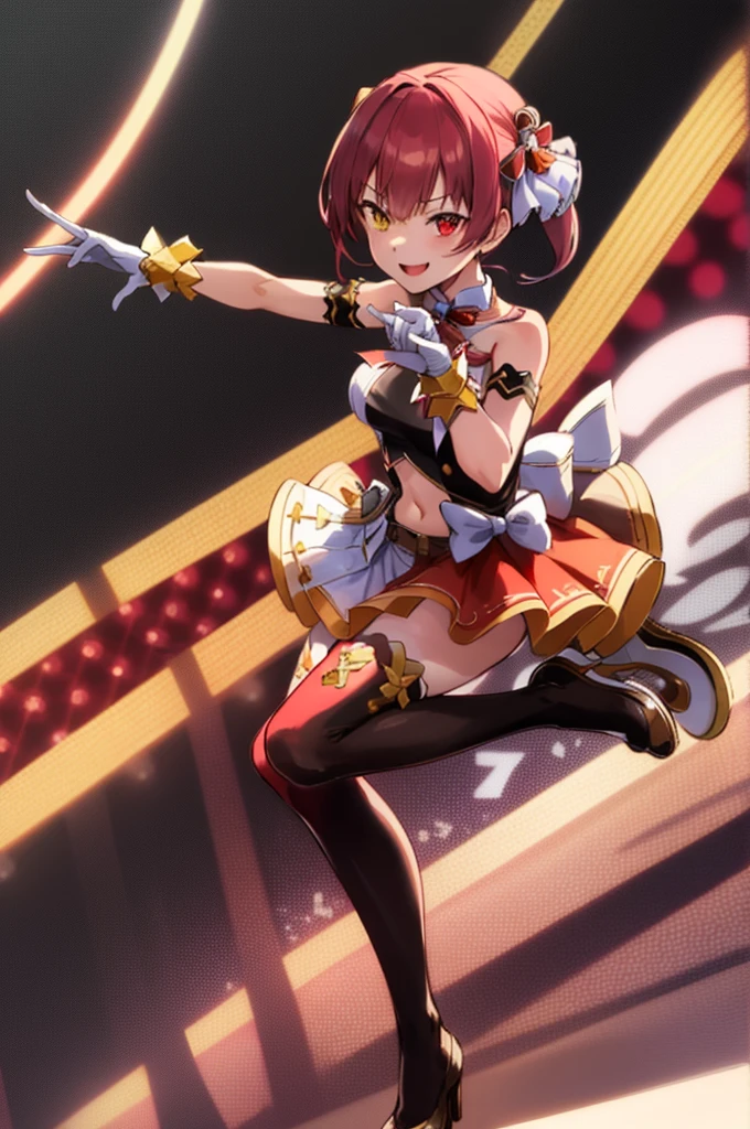 2d, masterpiece, best quality, anime, highly detailed, full body, 1girl, solo, marine_idol, ho****ve idol uniform, white bow, white gloves, red ribbon, red bowtie, layered skirt, navel cutout, mismatched legwear, red thighhighs, black thighhighs, heterochromia, red eyes, yellow eyes, BREAK stage, red lights, dynamic pose, smile 