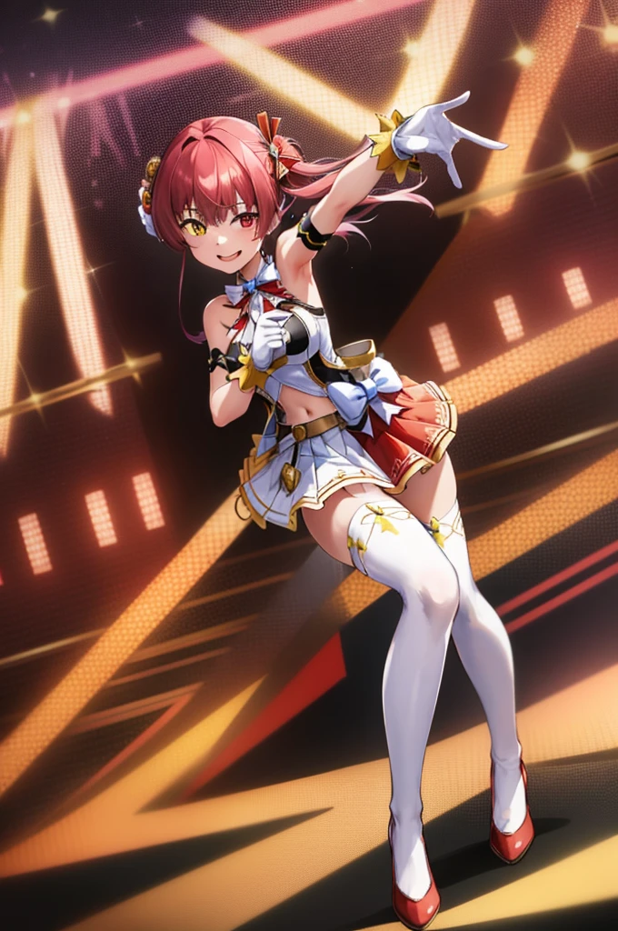 2d, masterpiece, best quality, anime, highly detailed, full body, 1girl, solo, marine_idol, hololive idol uniform, white bow, white gloves, red ribbon, red bowtie, layered skirt, navel cutout, mismatched legwear, red thighhighs, black thighhighs, heterochromia, red eyes, yellow eyes, BREAK stage, red lights, dynamic pose, smile 