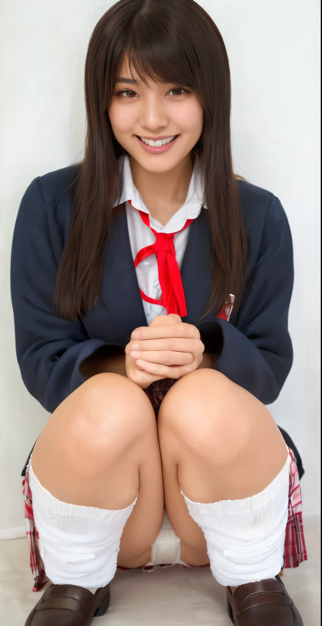 (big smile:1.3),(beaming smile:1.3),bursting smile, (extremely beautiful face:1.3),(white panties are clearly visible:1.3), (big eyes:1.3),(double eyelids:1.3),(very long silky hair:1.3),(long eyelashes:1.2), beautiful lips, beautiful eyes, beautiful teeth, (realistic cotton panties:1.3),(white panties:1.3),(detailed panties:1.3),32K,masterpiece,( old girl:1.2), (round and small face:1.3), Raw photo, (detailed fingers:1.2),Best Quality, photorealistic, highly detailed CG Unity 32K wallpaper, intricate detailed face, (Ultra detailed skin:1.2) super idol, clear eyes, thick thighs, drooping eyes ,(checked skirt:1.3), Japanese school uniform, (brown loafers:1.3), loose socks,