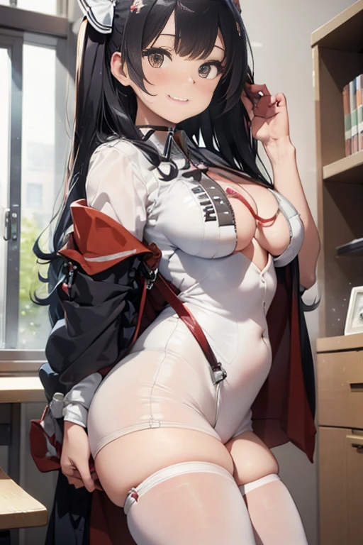 masterpiece、The best、1 female、 Bun bun、black hair、Shoulder leakage、big breasts、chubby、Smile、Nurse Uniform，White suspenders、lace leggingackpack，On campus，pose，One-piece Pants