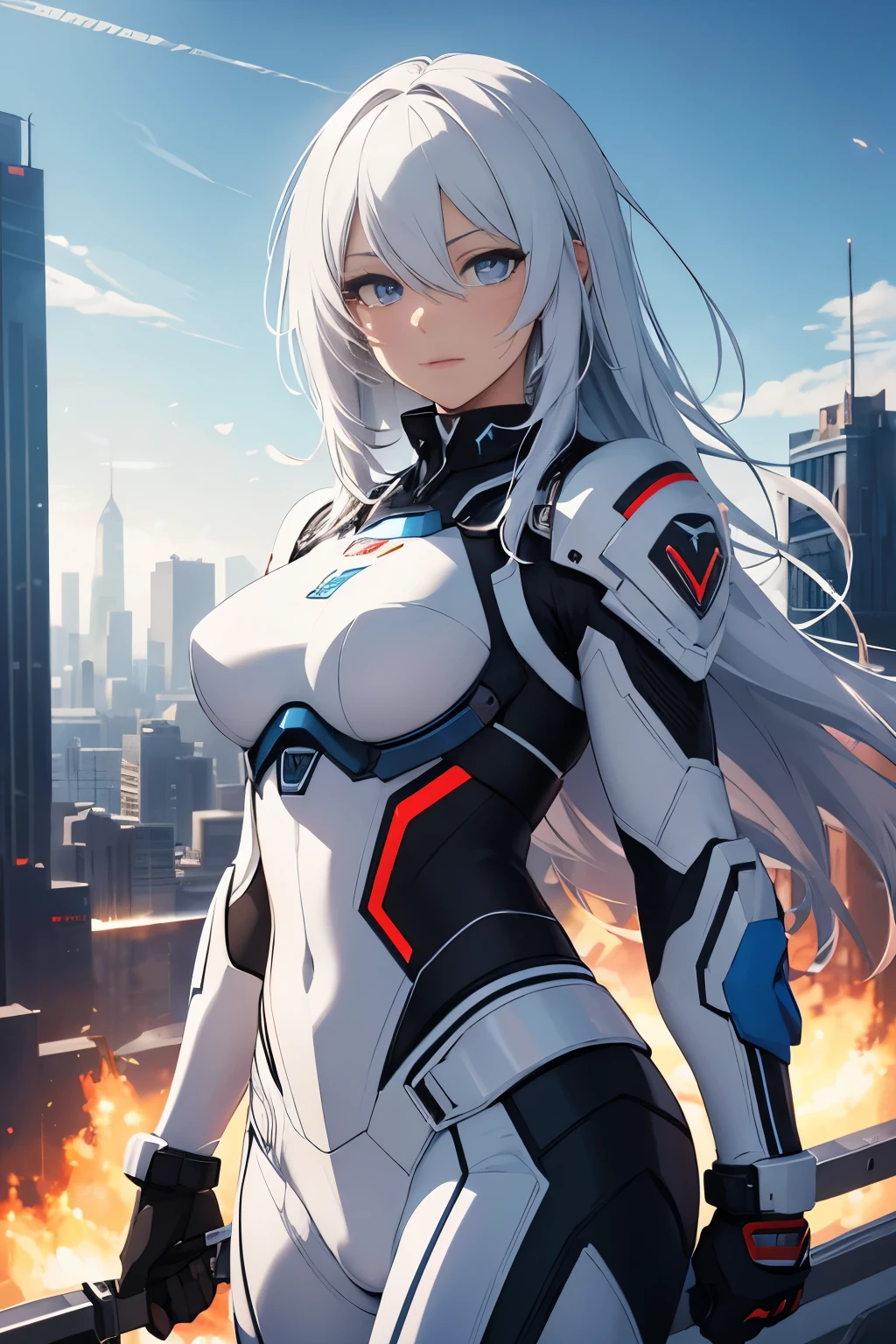 best qualityer,tmasterpiece,Ultimate resolution,top quality, detailed eyes, downy,Extremely colorful,Colorful,woman combatants,a young pretty female,white hair, combat suit, anime art, Steel City background,blue-sky,Normal posture