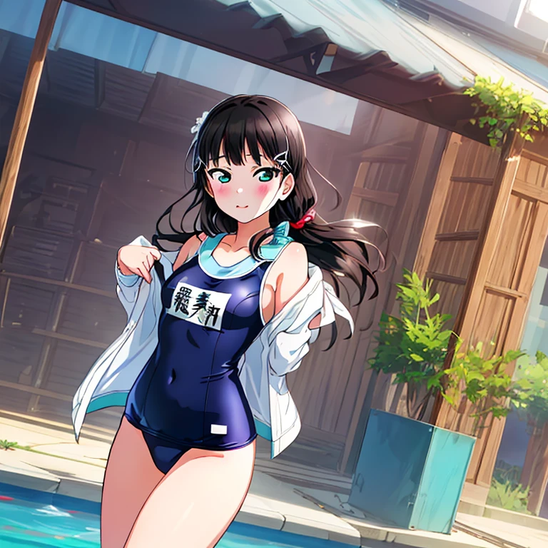 best quality, very aesthetic, Super detailed, best illustration, Dark blue one piece school swimsuit, black_hair, 公園