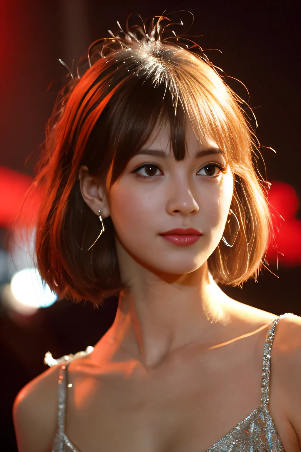 (masterpiece:1.3), high resolution, ultra detailed, extremely detailed CG unity 8k wallpaper, realistic, photo-realistic, RAW photo, beautiful detailed face, pale skin, realistic glistening skin, detailed cloth texture, detailed hair texture, Perfect body, Beautiful Face, accurate, Anatomically correct, Highly detailed face and skin texture, natural neck length, (beautiful hands), (fair skin:1.2), Sweaty skin:1.2, Thin legs, Thin feet, Sexy thighs, 
BREAK, 
Detailed eyes, symmetric eyes, Light Brown eyes, Double eyelids, Thin eyebrows, (Glossy lips:1.4), ((Seductive smile:1.2)), (blush:1.2),
BREAK, 
(A Very Cute girl:1.3), (Wearing a Silver micro bikini:1.2),
(large breasts:1.1), (firm breast, nicely shaped breasts, slender figure:1.2), firm abs,  
(Dark blonde hair, wavy hair, medium long hair:1.2), ((asymmetrical bangs:1.2)), (Upper body shot:1.2), (looking down at viewer:1.2),
BREAK, 
((In the super erotic nightclub:1.4)), 
BREAK, 
((Blue neon lights:1.3)), (((dim lighting:1.3))),