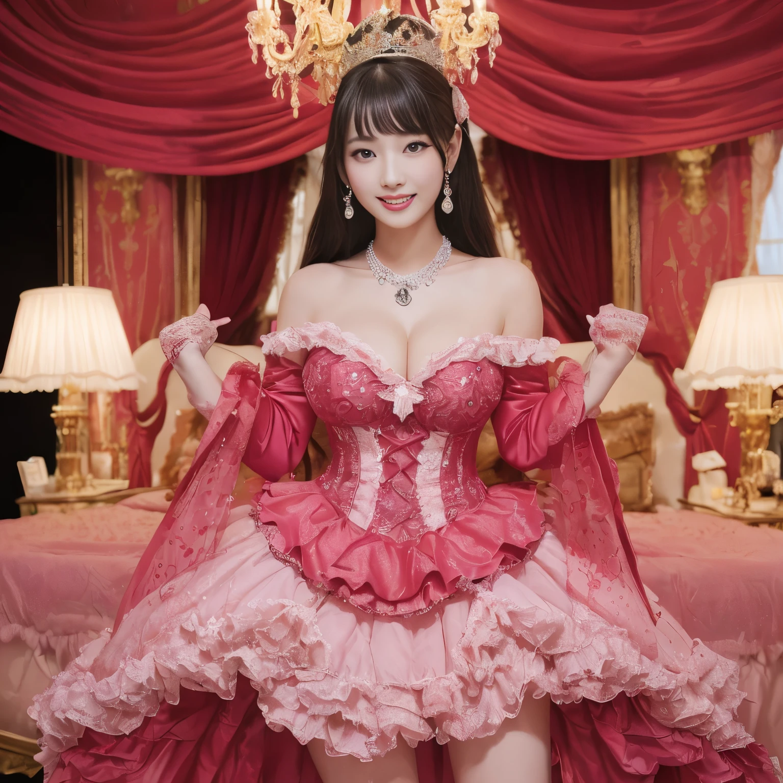 ((highest quality, muste piece, Super high resolution、the most complex and detailed depiction))、big smile looking at me、ink costume、(The most luxurious red and pink luxury bedroom:1.3)、(Gorgeous red and pink brothel bedroom:1.2)、One huge bed perfect in the background、Bed surrounded by luxurious curtains、1 girl、(Idol prostitute princess:1.3)、cleavage、big and full breasts、long and beautiful、look at me with a big smile、(Gorgeous and luxurious giant idol princess costume:1.2)、(Frilly red and pink luxurious and high class idol princess prostitution costume:1.2)、(A complex and high quality idol princess prostitution costume decorated with a large amount of jewels.:1.2)、(accurate anatomy:1.2)、(blurry distant view:1.2)、chandelier lighting、epic movie lighting