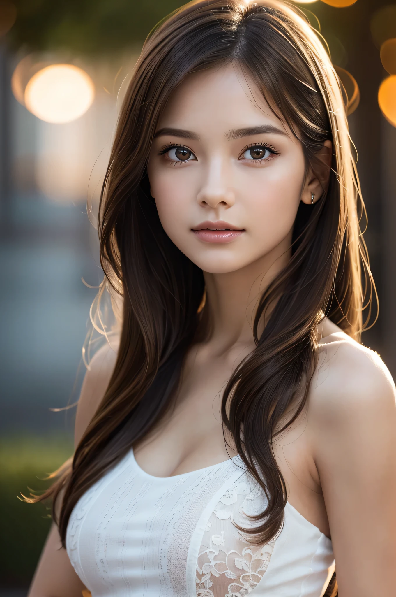 (high resolution, 4k, 8k, ultra-detailed:1.2), (hyper-realistic, photorealistic:1.37), (illustrated), (detailed lighting), (extremely delicate and beautiful), ung girl, brown hair, brown eyes, model, bare shoulders and chest, (best quality), ultra-detailed CG wallpaper in 8k, vibrant color, professional-grade, ((bokeh effect)), depth of field, twilight, sinking sunset.