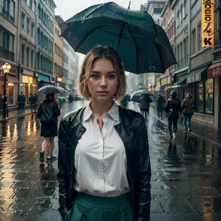 (best quality,4k,8k,highres,masterpiece:1.2), ultra-detailed, (realistic,photorealistic,photo-realistic:1.37), 1girl, detailed face and expressions, beautiful detailed eyes, long eyelashes, beautiful detailed lips, blond hair, short hair, blue eyes, white shirt, green tie, green skirt, walking in the rain, city background with detailed buildings and streets, raindrops falling on the girl's face and clothes, wet pavement, reflections of lights on the ground, colorful umbrellas of people passing by, misty atmosphere, rainy ambiance, with a touch of melancholy, vibrant colors, vibrant shades of blue and green, soft lighting.