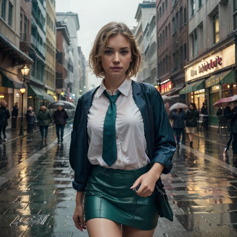 (best quality,4k,8k,highres,masterpiece:1.2), ultra-detailed, (realistic,photorealistic,photo-realistic:1.37), 1girl, detailed face and expressions, beautiful detailed eyes, long eyelashes, beautiful detailed lips, blond hair, short hair, blue eyes, white shirt, green tie, green skirt, walking in the rain, city background with detailed buildings and streets, raindrops falling on the girl's face and clothes, wet pavement, reflections of lights on the ground, colorful umbrellas of people passing by, misty atmosphere, rainy ambiance, with a touch of melancholy, vibrant colors, vibrant shades of blue and green, soft lighting.