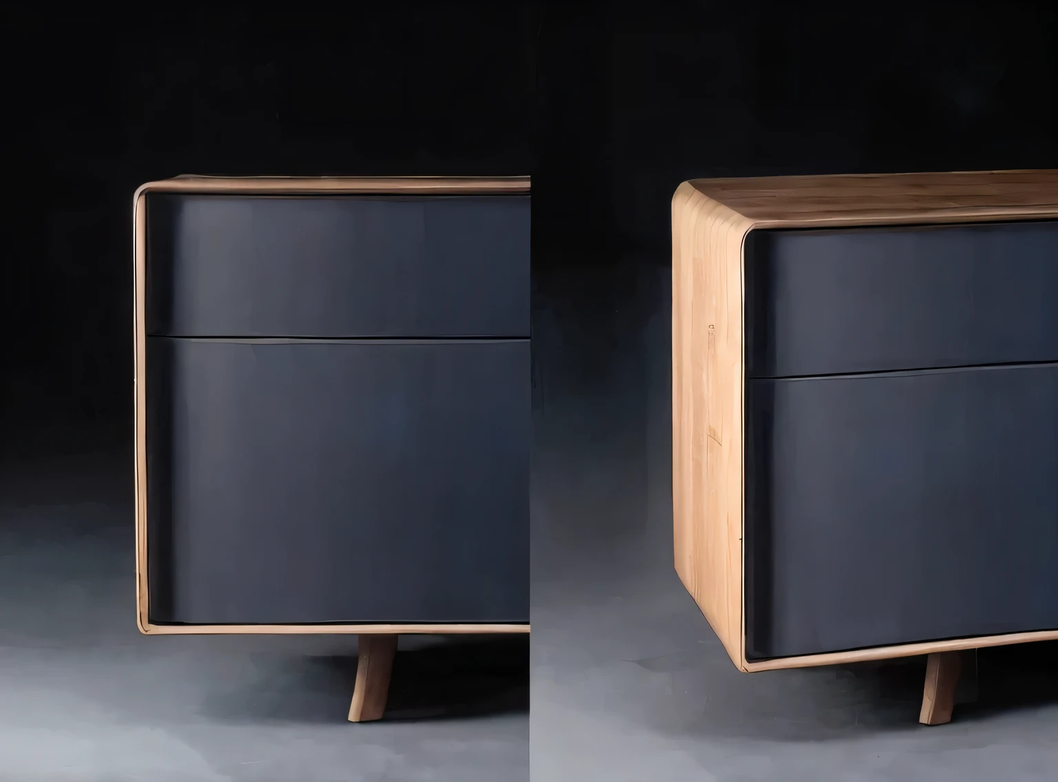 Two side by side images of black and wooden bedside tables, cupboard家具, wooden cabinet, designer furniture, Furniture design, Smooth curvature design, style furniture, Smooth curve design, Close detailurniture, Product design photography, Round and smooth shape, cupboard, Product design renderings, curved furniture, Exquisite and smooth details