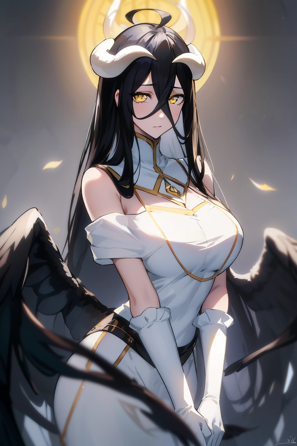 best quality, masterpiece, best animated, highres,
1girl, solo, mature female,  detailed face, detailed eyes, 
albedow, white dress, hip vent, white gloves,
bright light, bright, detailed light,   
black hair, hair between eyes, yellow eyes, white horns, ahoge, black wings, (low wings:1.1),