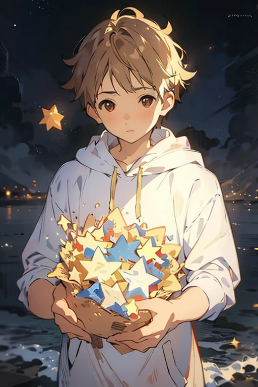 masterpiece, 最high quality, high quality, 1 boy, alone, male focus, looking at the viewer, upper body, Akihito_Kambara, blonde hair, brown eyes, realistic, hoodie、pick up stars、