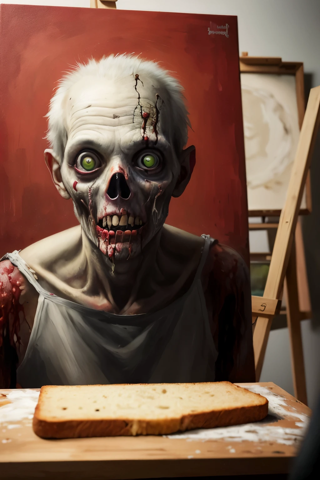 A zombie artist sits before an easel, their brushstrokes creating vibrant portraits on a canvas of moldy bread. Their eyes, though clouded, hold a flicker of the creative spirit that refuses to die.