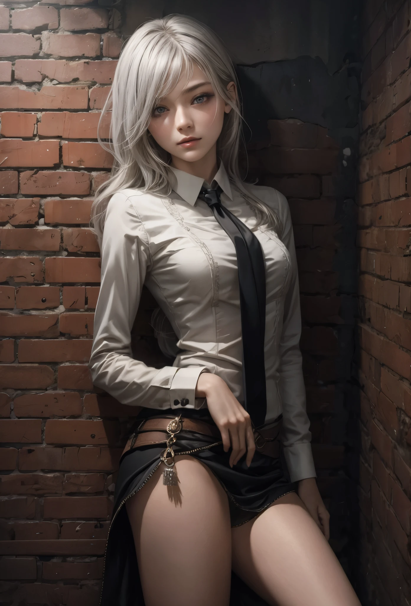 (Detailed illustrations,Very detailed and detailed drawing,Delicate lines with slow and rapid,Realistic texture expression),[Color tressed main line],dim room[prison[Walls and ceilings with exposed bricks that have deteriorated over time]],(Japanese(very beautiful girl)[])silver hair (bony and thin body[morbid]SKINNY),[leather [bondage fashion],Vampire,(Fine and beautiful skin expression [transparency]),[完璧な目のdetailed (Iris beautifully drawn in every detail)[eyes like jewels]],[long and beautiful eyelashes],[Meticulously drawn hair],(完璧な手のdetailed [Beautiful fingers without breakdowns [Beautiful nails]]),(Perfect Anatomy(Perfectly proportioned))[[full body portrait]],[Ideal color coordination(Accurate simulation of light-material interactions)],([Precision Detail](detailed,High definition)),[[Pale and gentle colors]][Visual art that conveys a sense of narrative] [[Eros in the Natural Body]].