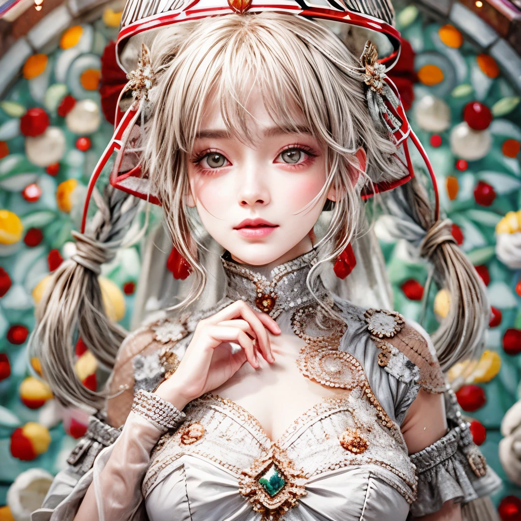 Sexy girl in WHITE and Delicate lace clothes, Glossy RED lips and tongue, (Exposed:0.9), (nipple:-0.9), { very Cute tongue closeup | Dynamic-angle }, ((Dazzling stained glass Background)), (( colorful Light shines through stunning elaborate stained glass:1.2)), vivid Red colors . ((Acutance:0.8, physically-based rendering)), (masterpiece:1.2), (ultra-detailed:1.35), (realistic, photorealistic, ((photo-realistic:1.37))with touch of rawness) . ((Renbutsu Misako)), (Extremely detailed KAWAII face variations, with0 Dynamic expressions), detailed eyes with sparkling highlights, captivating gaze, long eyelashes, subtle blush on the face, rosy cheeks, impeccable skin texture . { full of flowers covering girl's body | Mystic sight | haze | Light Particle | Lens Particle | Lens Flare | Dazzling Halo } . (((large eyes:-0.9, not Detailed fingers:-0.9))) .