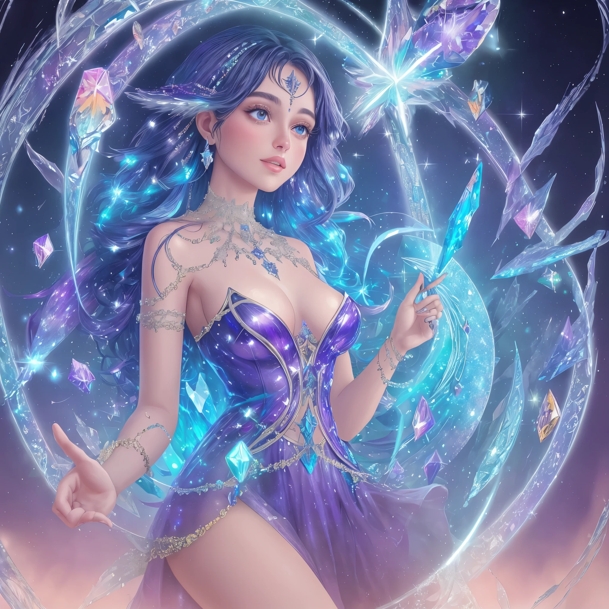 Create a stunning digital artwork of a mystical fortune teller surrounded by shimmering crystals and glowing tarot cards.