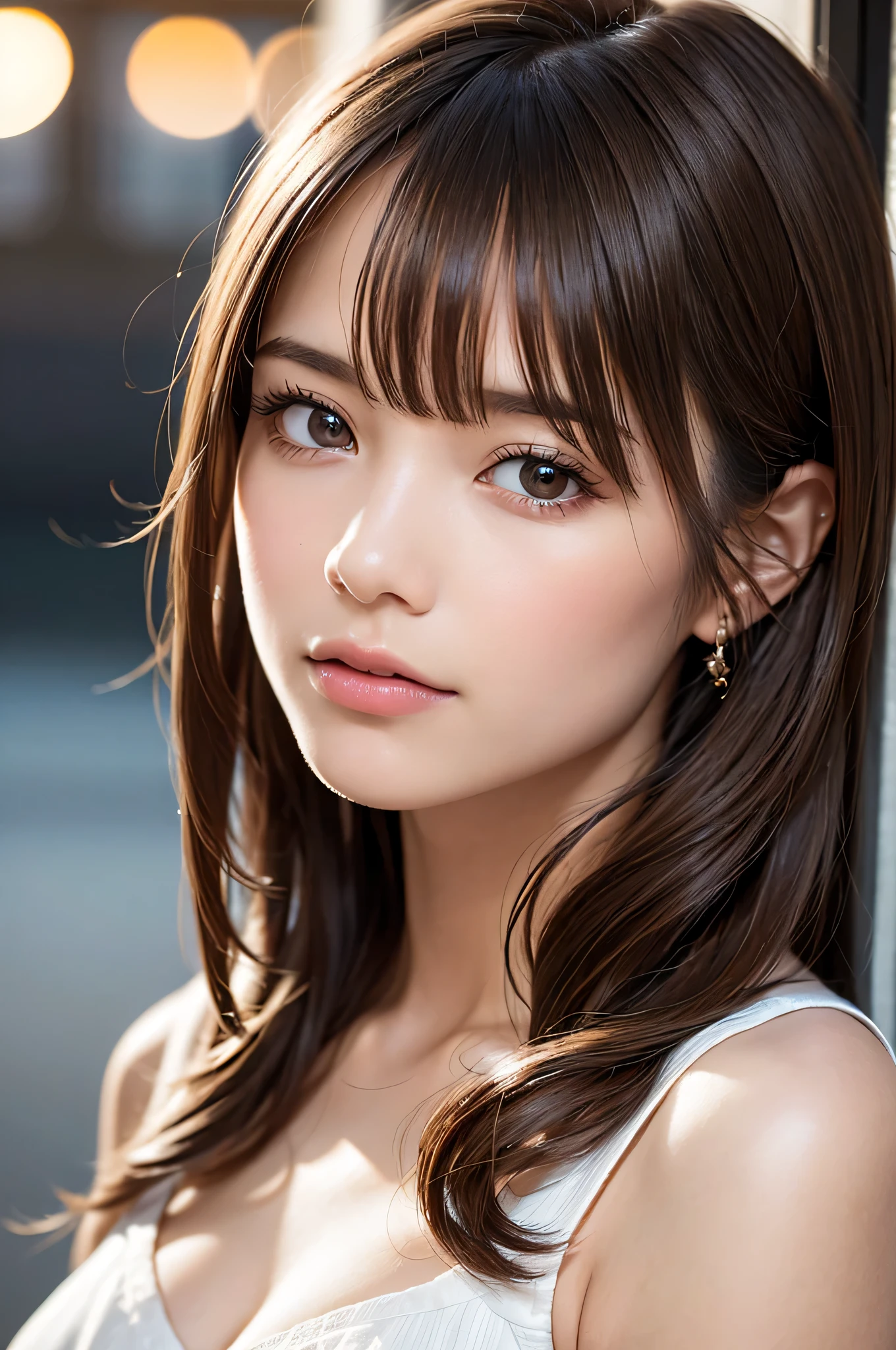 (high resolution, 4k, 8k, ultra-detailed:1.2), (hyper-realistic, photorealistic:1.37), (illustrated), (detailed lighting), (extremely delicate and beautiful), ung girl, brown hair, brown eyes, model, bare shoulders and chest, (best quality), ultra-detailed CG wallpaper in 8k, vibrant color, professional-grade, ((bokeh effect)), depth of field, twilight, sinking sunset.