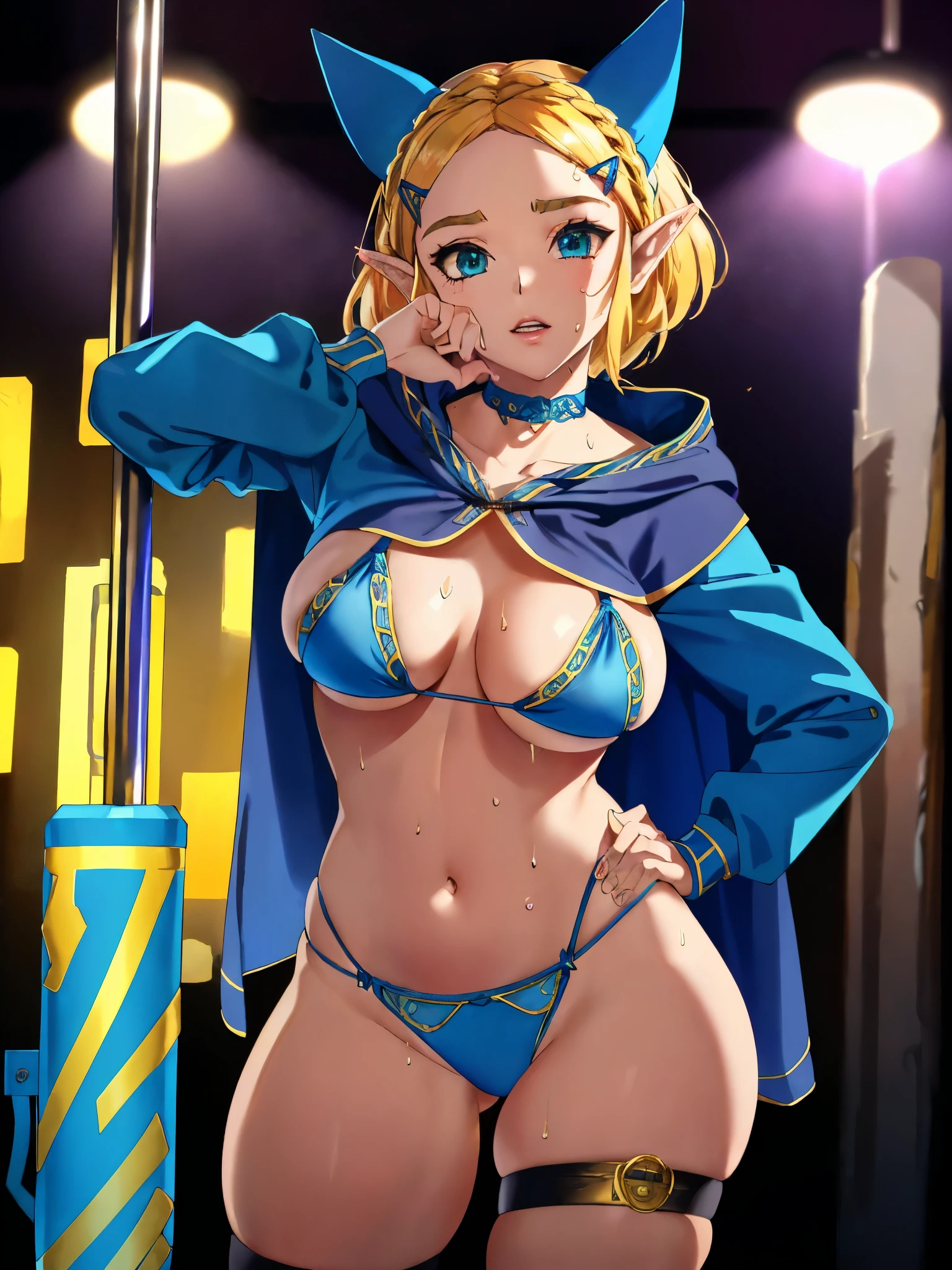 1female, 20yo, (Zelda, totk, short hair, capelet, techk1tty, blue bikini with gold lacing, blue thong with gold lacing, sexy, large breasts), showing stomach, wearing hood, cat ears, choker, bra, panties, garterbelt, thigh strap, hood up, animal hood, cropped hoodie, big hood, techwear, (masterpiece), (Very detailed CG unity 8K wallpaper), best quality, detailed background, (strip_club_venue:1.6, stripper pole in foreground, female strippers in the background, UndergroundClub, moody background, dark background, spotlights on ceiling, crowds watching, crowds, race queen), sweating, glistening sweat, holding metal pole