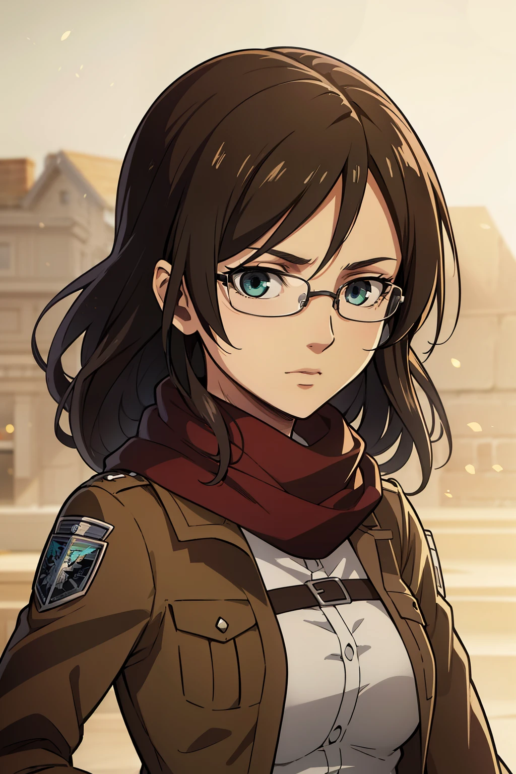 (high-quality, breathtaking),(expressive eyes, perfect face) 1female, girl , solo, young adult, medium length brown hair, soft wavy hair, curley hair, blue eyes, red scarf, military uniform, survey corps attack on titan, shingeki no kyoji, white shirt, brown jacket, green eyes, gentle smile, thin black frame glasses, gentle expression
