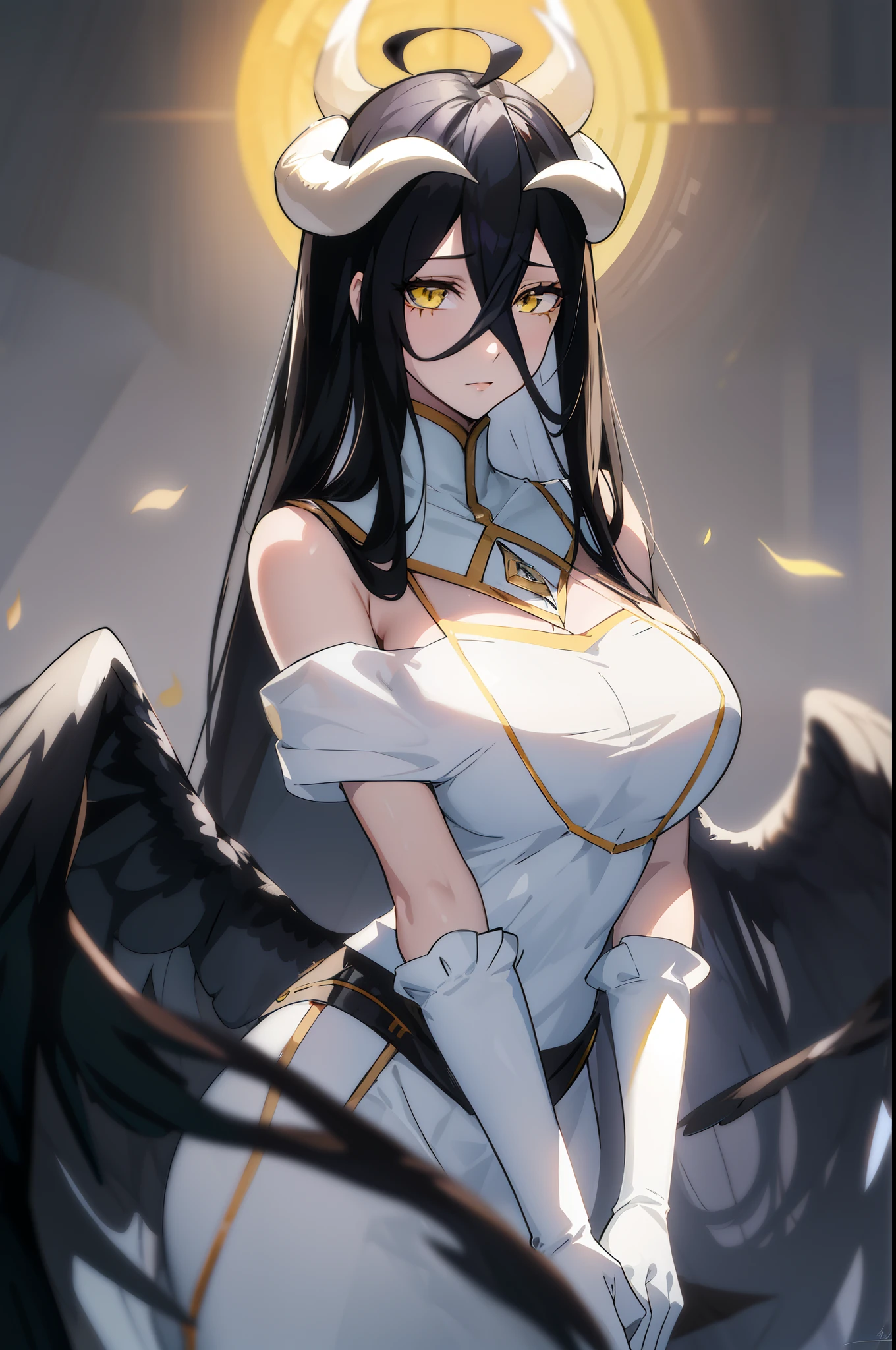 best quality, masterpiece, best animated, highres,
1girl, solo, mature female,  detailed face, detailed eyes, 
albedow, white dress, hip vent, white gloves,
bright light, bright, detailed light,   
black hair, hair between eyes, yellow eyes, white horns, ahoge, black wings, (low wings:1.1),