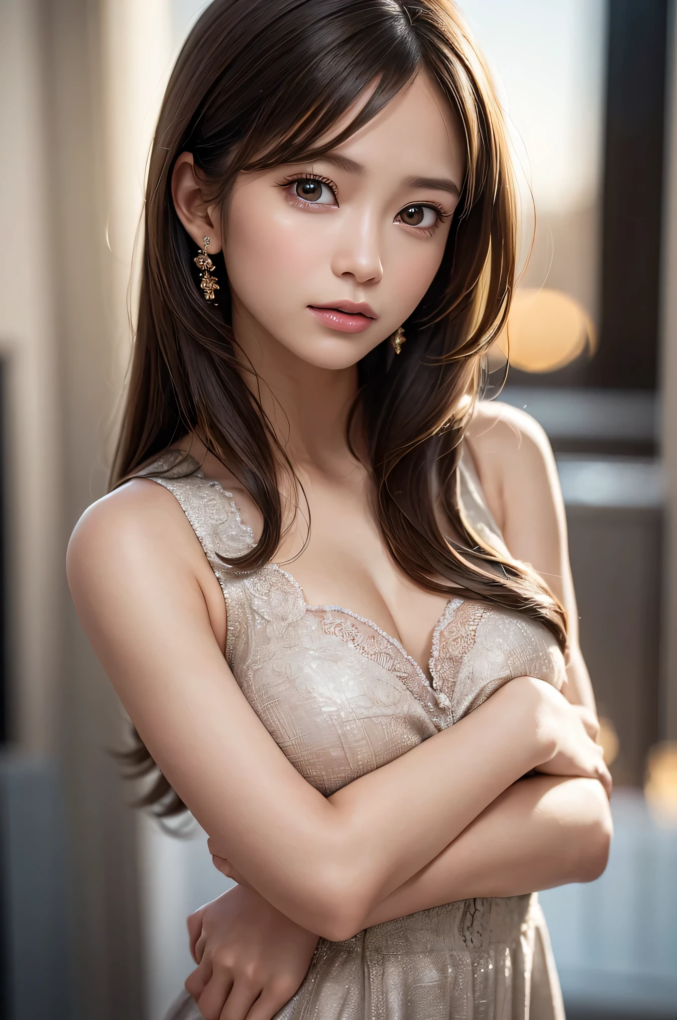 (high resolution, 4k, 8k, ultra-detailed:1.2), (hyper-realistic, photorealistic:1.37), (illustrated), (detailed lighting), (extremely delicate and beautiful), 1 young girl, brown hair, brown eyes, model, bare shoulders and chest, (best quality), ultra-detailed CG wallpaper in 8k, vibrant color, professional-grade, ((bokeh effect)), depth of field, twilight, sinking sunset.