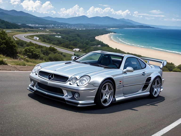 mercedes-benz clk gtr, blue car, mountain road overlooking the ocean