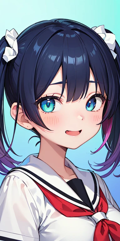 baby face, (colorful fluorescence multicolored  hair:1.5,short twintails:1.5), (masterpiece, sidelights, exquisite beautiful eyes: 1.5), masterpiece*portrait, realistic, ((Colorful splash background of different colors:1.5)),colorful,3D face,(cute face),front view: 1.6、 (glowing blue eyes),plump face:1.5,(tareme:1.5)、(laugh with your mouth wide open:1.2),one eye closed、Rosy Mouth,Slim Body, shiny hair, shiny skin: 1.5、medium breasts,、solo,(stand)、(high school girl,school uniform)、(charactor focus:1.5、portlate:1.5、eye focus:1.5,upper body),(gradient eyes:1.5)