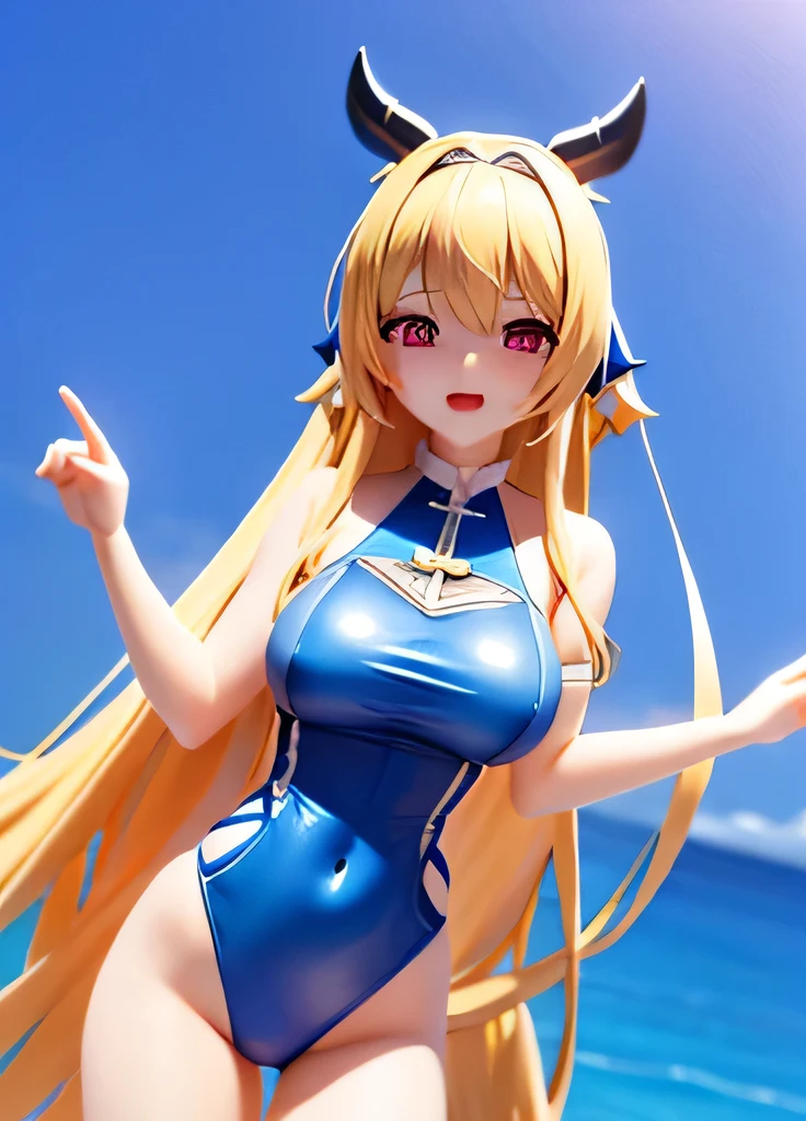 anime girl in blue swimsuit with horns and a bow, azur lane style, blonde anime girl with long hair, ecchi anime style, anime style like faay night, anime goddess, seductive anime girl, from the azur lane videogame, pixiv 3dcg, made with anime painter studio, marin kitagawa fanart, painted in anime painter studio