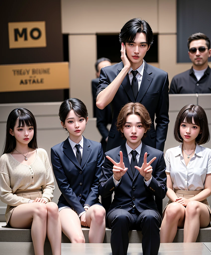 (masterpiece, best quality), (absurdres:1.2), (ultra detailed, 8K, ultra highres:1.2), (beautiful 4girls and handsome 4boys:1.3), young, slim, (cinematic composition), blush, happy smile, dramatic lighting, (short body, petite body), (group shot, gathered, friends), (multiple boys:1.2), looking at viewer, standing, sitting, posing, school uniform, (multiple loving couples:1.2), v-signs