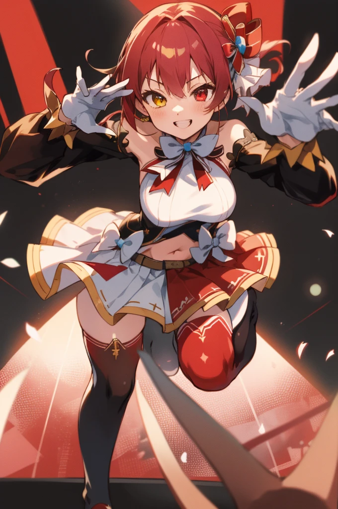 2d, masterpiece, best quality, anime, highly detailed, full body, 1girl, solo, marine_idol, ho****ve idol uniform, white bow, white gloves, red ribbon, red bowtie, layered skirt, navel cutout, mismatched legwear, red thighhighs, black thighhighs, heterochromia, red eyes, yellow eyes, BREAK stage, red lights, dynamic pose, smile 