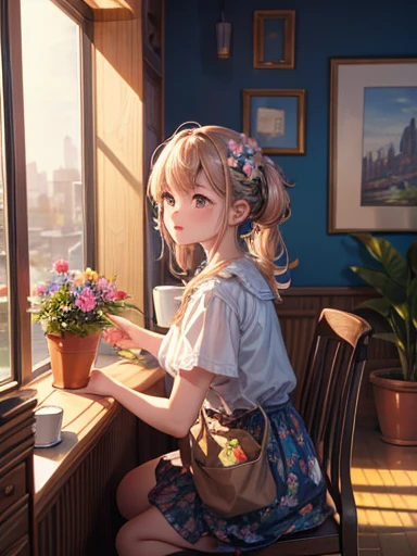 masterpiece,highest quality,masterpiece,highest quality,official art,Highly detailed CG Unity 8k wallpaper,Slight retro color,riso print style,figure,cute,1 girl,flowers,Window,flower pots,drink coffee,.