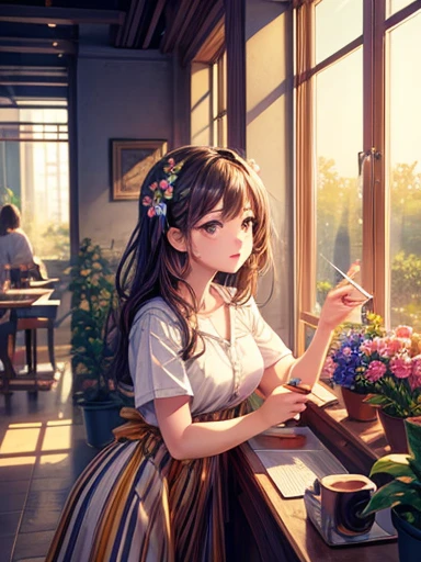 masterpiece,highest quality,masterpiece,highest quality,official art,Highly detailed CG Unity 8k wallpaper,Slight retro color,riso print style,figure,cute,1 girl,flowers,Window,flower pots,drink coffee,.