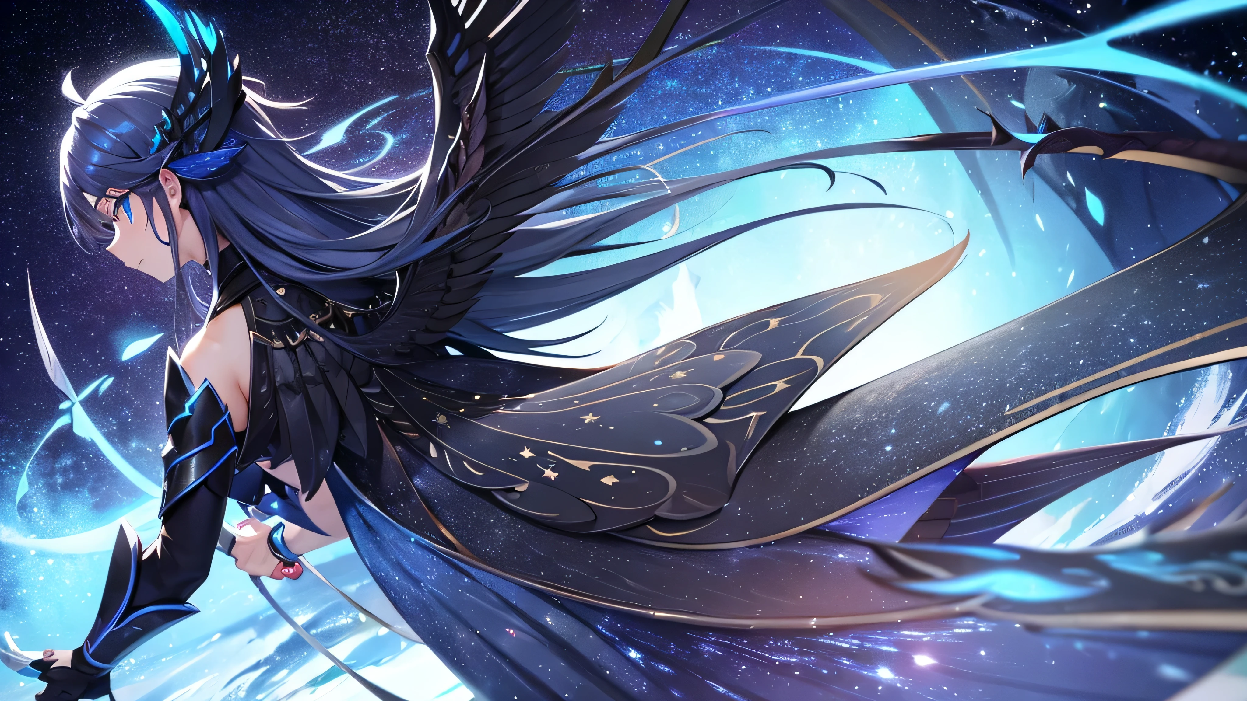 1 schwarzer Drache, blaue Augen, Universe color wings, Skala, Universe color wings on the back