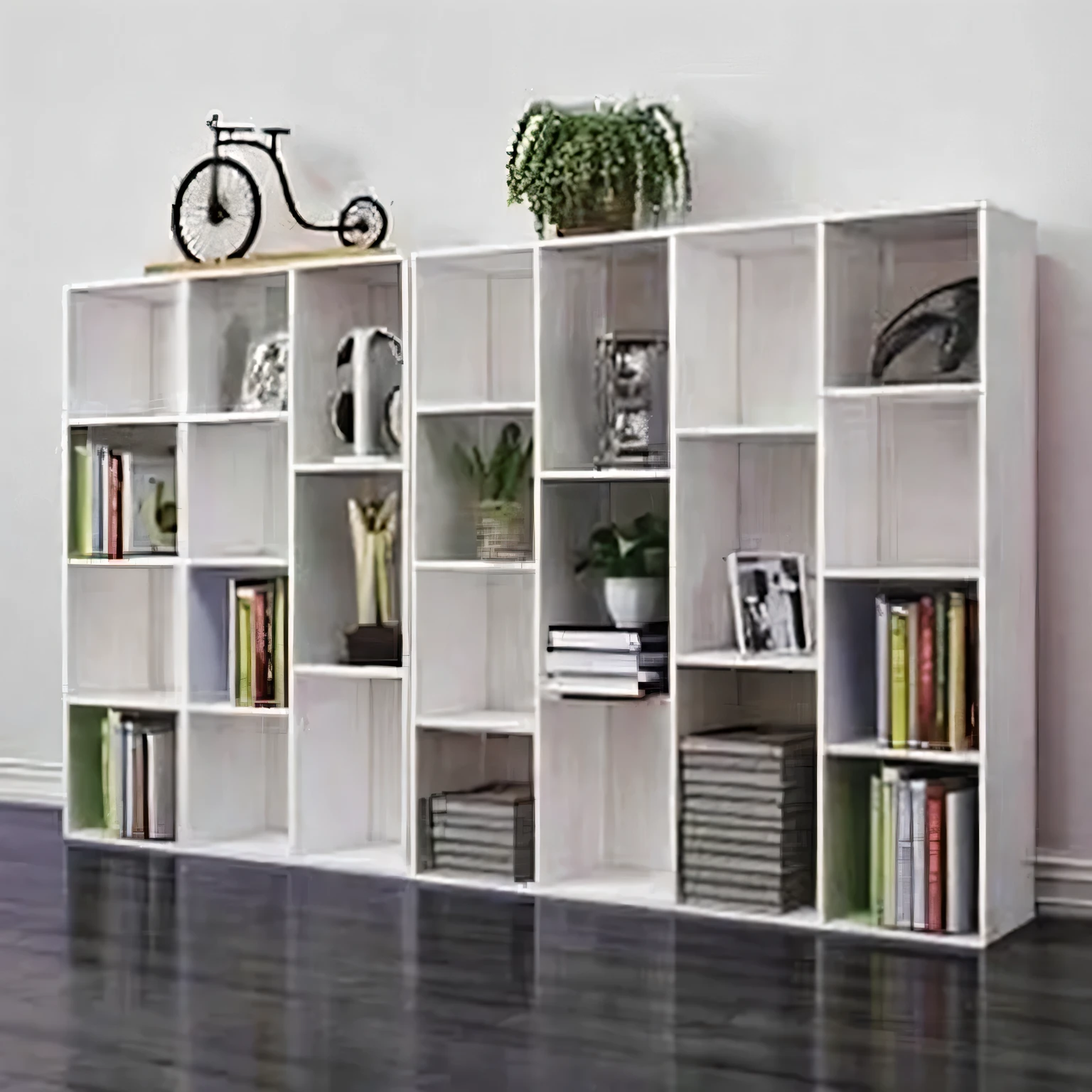 有一个白色的bookcase,There are a lot of books on it, book shelf, shelves, bookshelf, book shelves, bookshelves, bookcase, cabinet furniture, short bookshelf, 墙到墙的bookcase, shelf, book shelf small library, bookshelves on sides, white map gallery, Family showcase, shelves full, white furniture, wood shelves, Product display, white finish