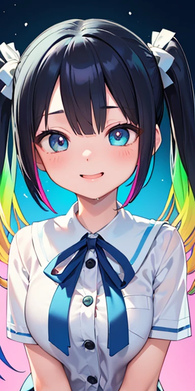 , (colorful fluorescence multicolored hair:1.5,short twintails:1.5), (masterpiece, sidelights, exquisite beautiful eyes: 1.5), masterpieceportrait, realistic, ((Colorful splash background of different colors:1.5)),colorful,3D face,(cute face),front view: 1.6、 (glowing blue eyes),plump face:1.5,(tareme:1.5)、(laugh with your mouth wide open:1.2),(one eye closed)、Rosy Mouth,Slim Body, shiny hair, shiny skin: 1.5、medium breasts,、solo,(stand)、(high school girl,school uniform)、(charactor focus:1.5、portlate:1.5、eye focus:1.5,upper body),(gradient eyes:1.5)