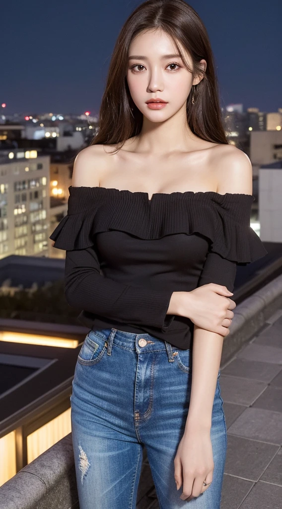 ((midnight, best quality, 8K, masterpiece :1.3)), whole body, long legs, sharp focus :1.2, pretty girl with perfect body :1.4, slim abs :1.1, ((dark brown hair, big bust :1.2)), (Delicate off-the-shoulder top, jeans, standing:1.2), ((night 도시 전망, rooftop:1.3)), Highly detailed face and skin textures, detailed eyes, double eyelid, night, brighten the lights, light,