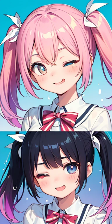 baby face, (colorful fluorescence multicolored hair:1.5,short twintails:1.5), (masterpiece, sidelights, exquisite beautiful eyes: 1.5), masterpiece*portrait, realistic, ((Colorful splash background of different colors:1.5)),colorful,3D face,(cute face),front view: 1.6、 (glowing blue eyes),plump face:1.5,(tareme:1.5)、(laugh with your mouth wide open:1.2),(one eye closed:1.5)、Rosy Mouth,Slim Body, shiny hair, shiny skin: 1.5、medium breasts,、solo,(stand)、(high school girl,school uniform)、(charactor focus:1.5、portlate:1.5、eye focus:1.5,upper body),(gradient eyes:1.5)