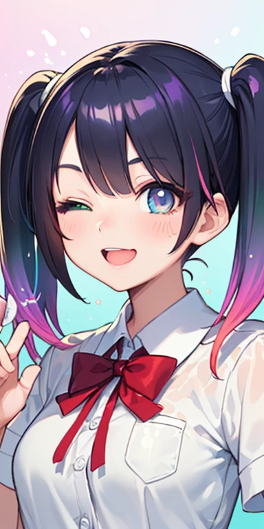 baby face, (colorful fluorescence multicolored hair:1.5,short twintails:1.5), (masterpiece, sidelights, exquisite beautiful eyes: 1.5), masterpiece*portrait, realistic, ((Colorful splash background of different colors:1.5)),colorful,3D face,(cute face),front view: 1.6、 (glowing blue eyes),plump face:1.5,(tareme:1.5)、(laugh with your mouth wide open:1.2),(one eye closed:1.5)、Rosy Mouth,Slim Body, shiny hair, shiny skin: 1.5、medium breasts,、solo,(stand)、(high school girl,school uniform)、(charactor focus:1.5、portlate:1.5、eye focus:1.5,upper body),(gradient eyes:1.5)