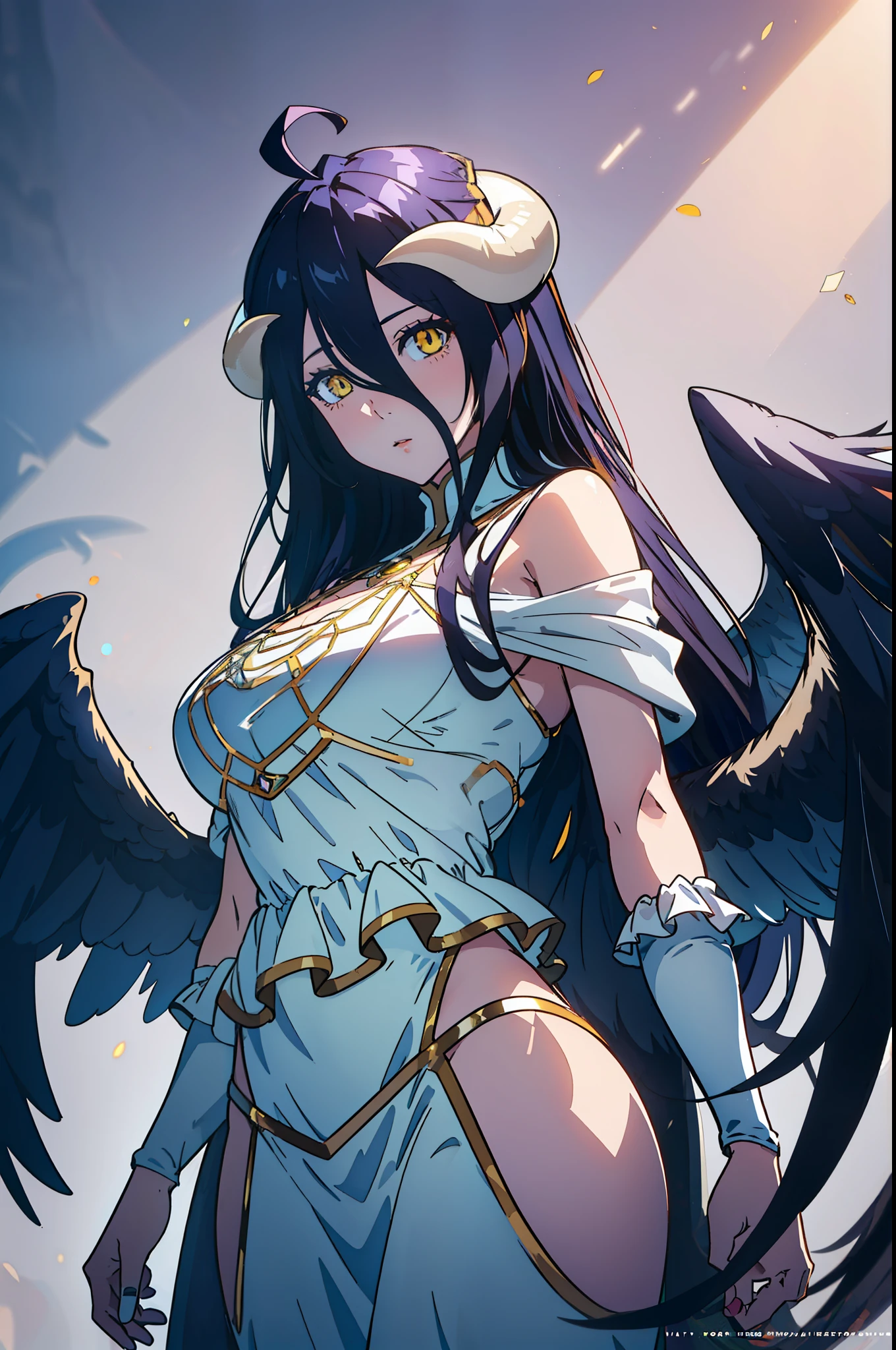 masterpiece, best quality,(colorful), (delicate eyes and face), volumetric light, ray tracing, extremely detailed CG unity 8k wallpaper, albedow, yellow eyes, white horns, ahoge, low wings, white dress, looking at viewer, cowboy shot, captivating pose, simple background