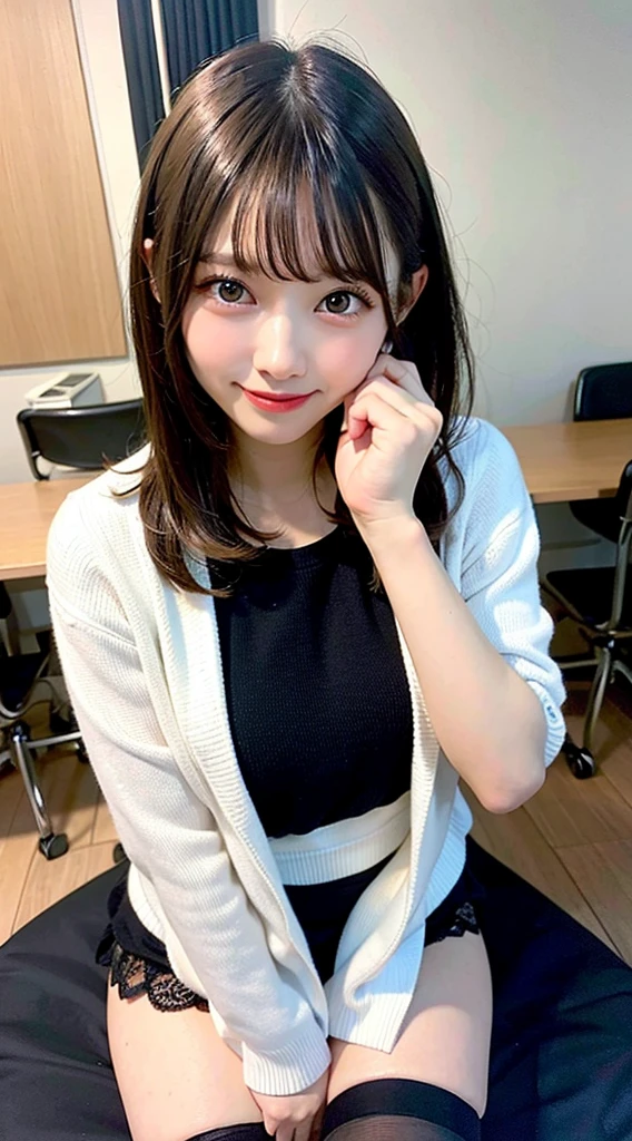 (8k, RAW photo:1.2),detailed face and eyes,最high quality, ultra high resolution, very detailed ,intricate details ,pieces fly ,pretty girl , Soft light like a movie, hyper detail,sharp focus, high quality,chest comes out,bob cut,black haired,NSFW, smile, zettai ryouiki, skirt, sit on a chair, spread your legs, show panties、student、panty shot