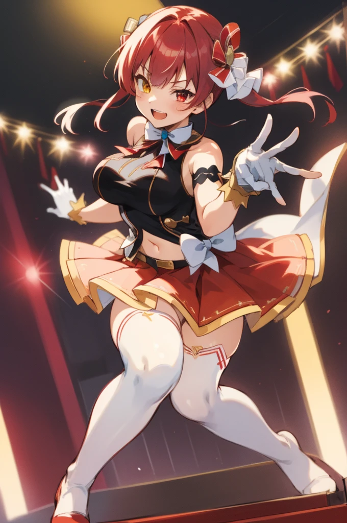 2d, masterpiece, best quality, anime, highly detailed, full body, 1girl, solo, marine_idol, hololive idol uniform, white bow, white gloves, red ribbon, red bowtie, layered skirt, navel cutout, mismatched legwear, red thighhighs, black thighhighs, heterochromia, red eyes, yellow eyes, BREAK stage, red lights, dynamic pose, smile 